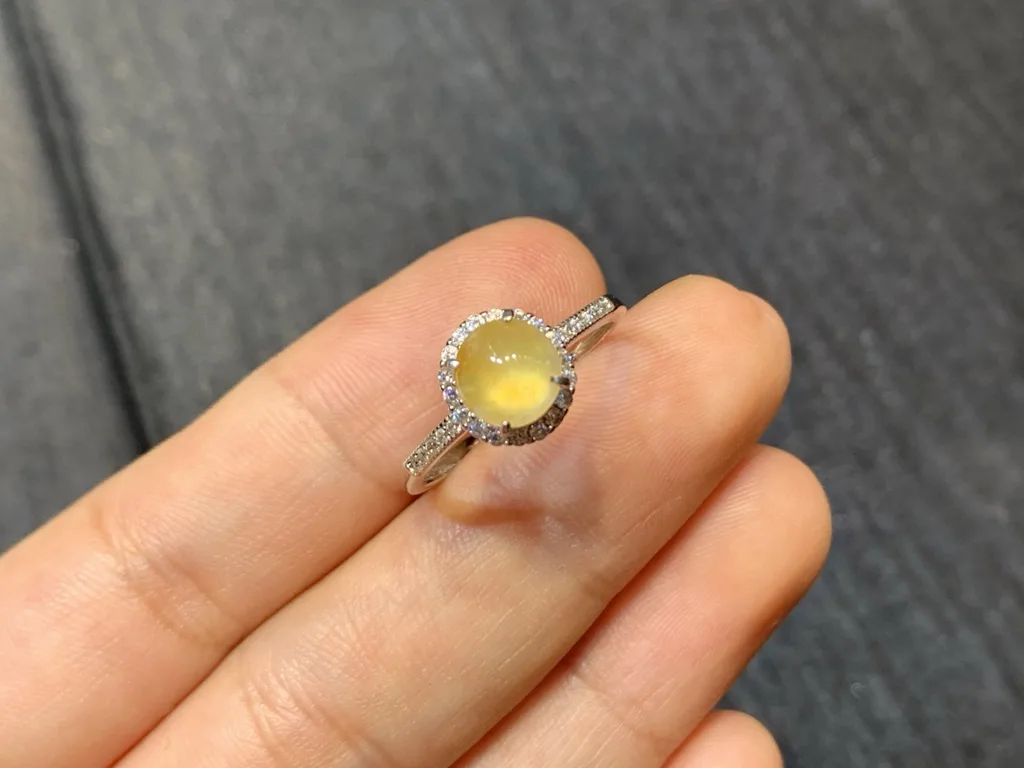 High-Icy Honey Yellow Natural Jadeite Cabochon Ring — S925 Silver · No. 3839 (photo 2)