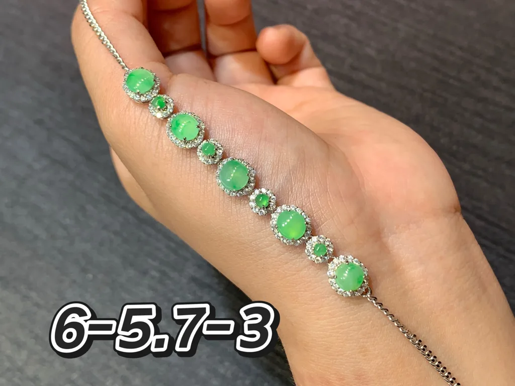High-Icy Clear Green Natural Jadeite Cabochon Bracelet — S925 Silver · No. C49F (photo 1)