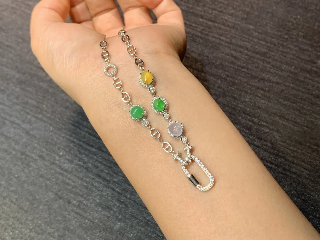 High-Icy Multicolor Natural Jadeite Convertible Cabochon Chain — S925 Silver · No. C53B (photo 2)
