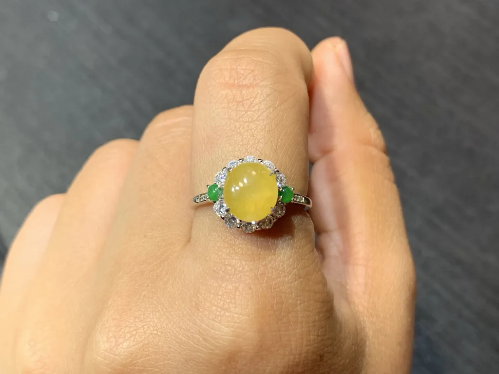 High-Icy Honey Yellow Natural Jadeite Cabochon Ring — S925 Silver · No. 032E (photo 5)