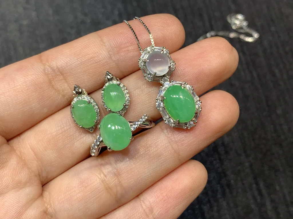 Icy Vivid Green Cabochon Natural Jadeite Three-Piece Cabochon Set — S925 Silver · No. BF1E (photo 2)