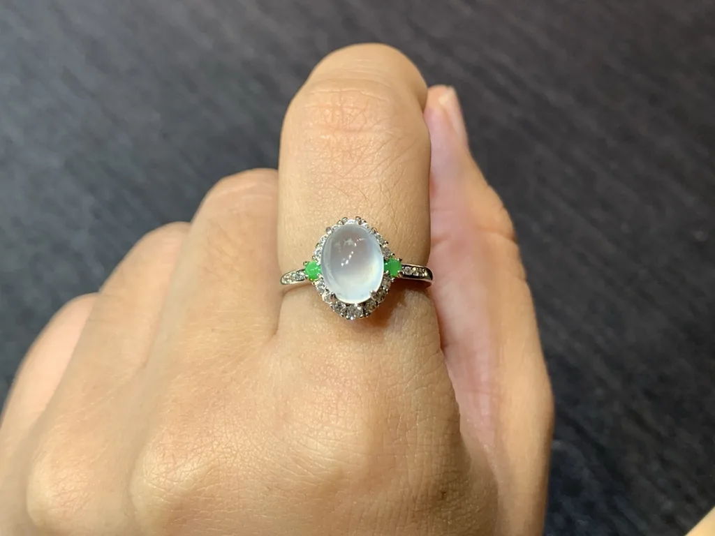 High-Icy Glowing Natural Jadeite Cabochon Ring — S925 Silver · No. EEED (photo 5)