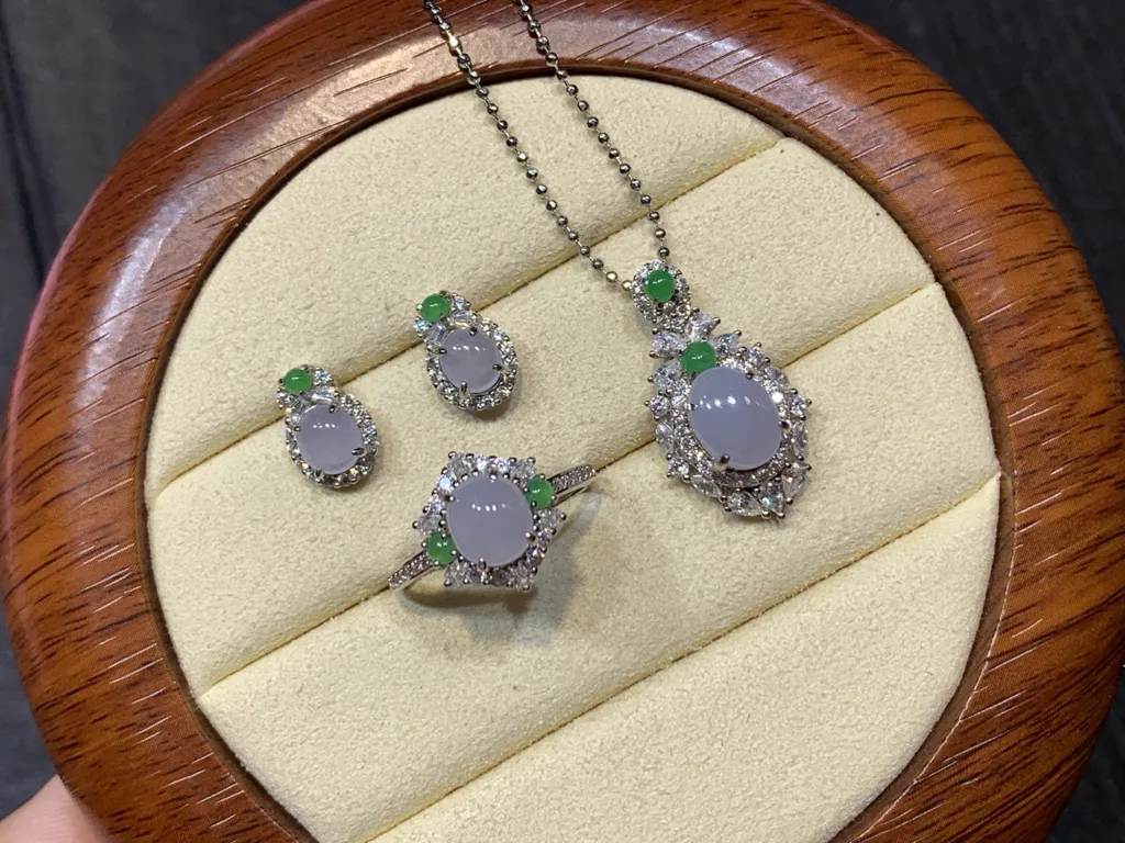 Icy Lavender Cabochon Natural Jadeite Three-Piece Cabochon Set — S925 Silver · No. 374A (photo 2)