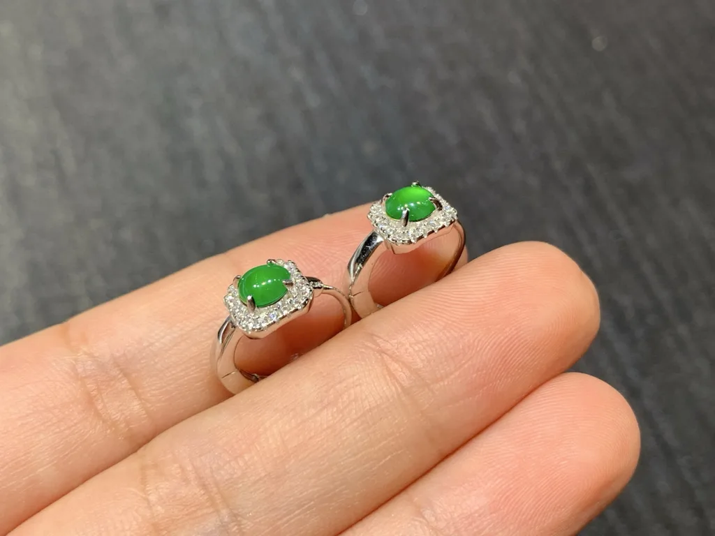 High-Icy Intense Vivid Green Natural Jadeite Cabochon Huggie Earrings — S925 Silver · No. D697 (photo 3)