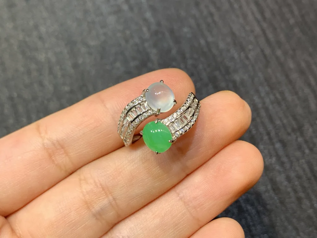 High-Icy Glowing White and Green Natural Jadeite Cabochon Ring — S925 Silver · No. C1E3 (photo 2)