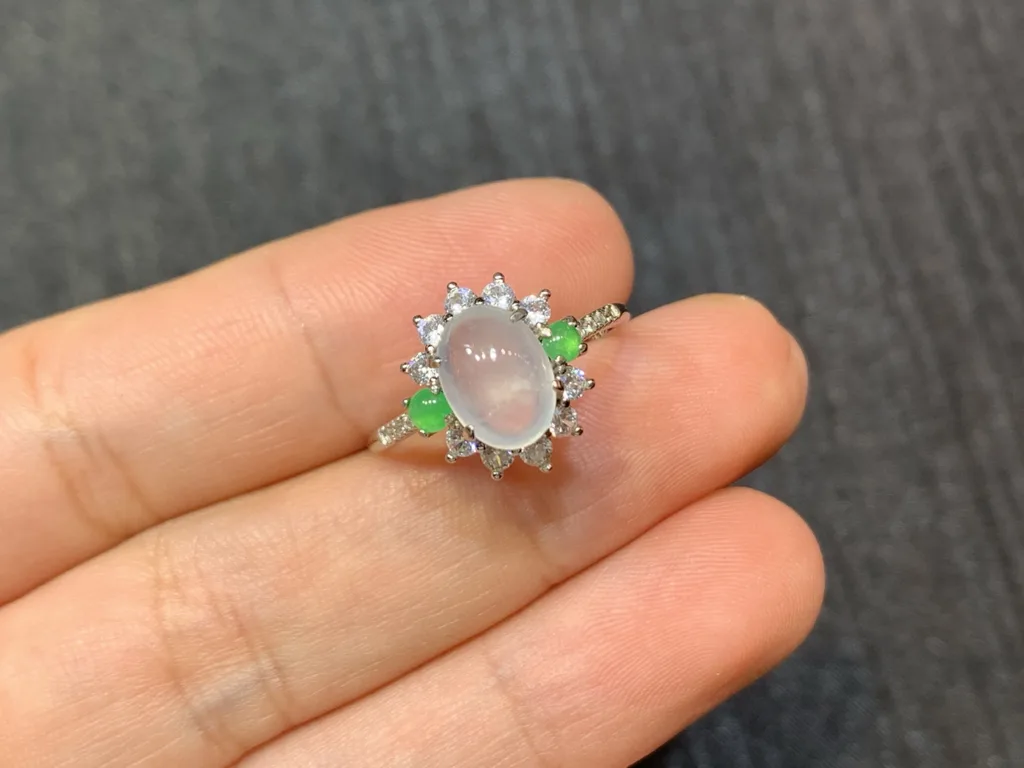 High-Icy Glowing Natural Jadeite Cabochon Ring — S925 Silver · No. 14FA (photo 2)