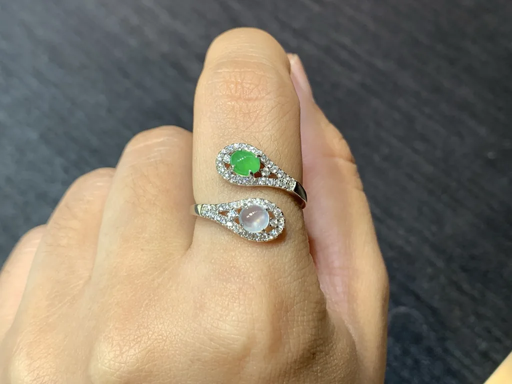High-Icy White and Green Natural Jadeite Cabochon Ring — S925 Silver · No. 93B5 (photo 5)