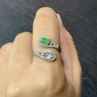 High-Icy White and Green Natural Jadeite Cabochon Ring — S925 Silver · No. 93B5 (photo 5)