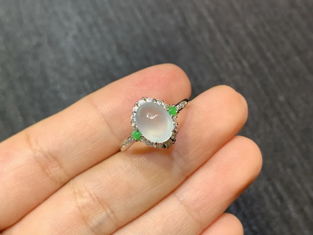 High-Icy Glowing Natural Jadeite Cabochon Ring — S925 Silver · No. EEED (photo 2)