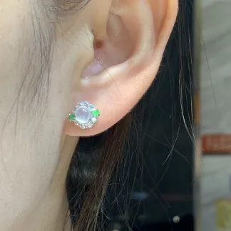High-Icy Glowing White-and-Green Natural Jadeite Cabochon Stud Earrings — S925 Silver · No. C032