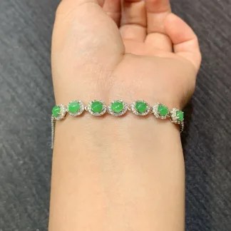 Icy Vivid-Green Natural Jadeite Cabochon Bracelet — S925 Silver · No. C71E
