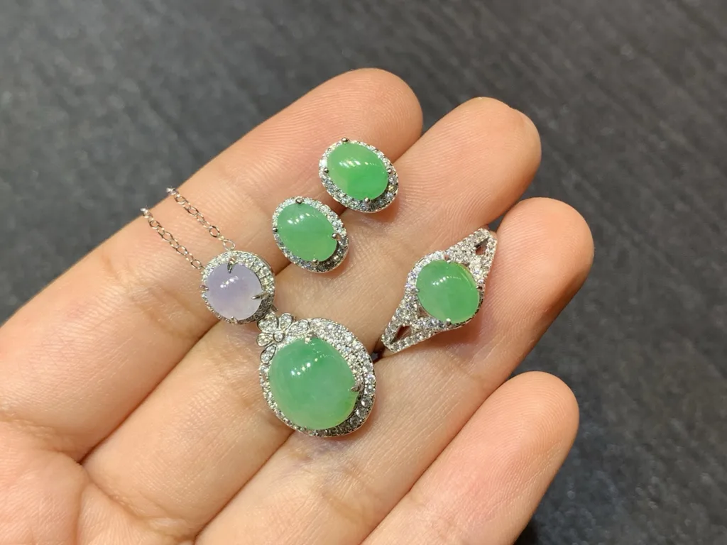Full Green Natural Jadeite Cabochon Set — S925 Silver · No. A082 (photo 2)