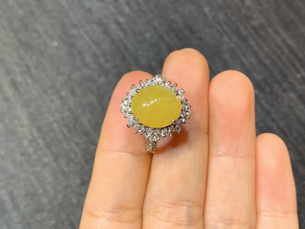 Icy Honey Yellow Natural Jadeite Cabochon Ring — S925 Silver · No. 2BAA (photo 3)