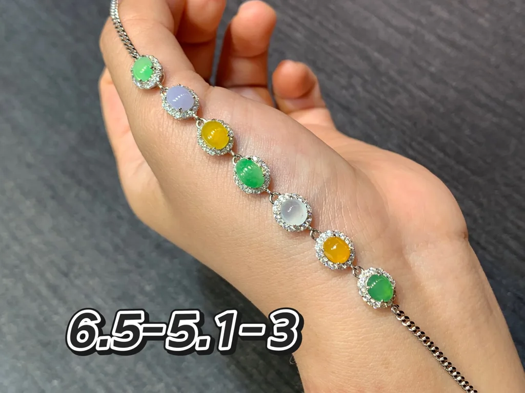 High-Icy Multicolor Natural Jadeite Cabochon Bracelet — S925 Silver · No. 0EFB (photo 1)