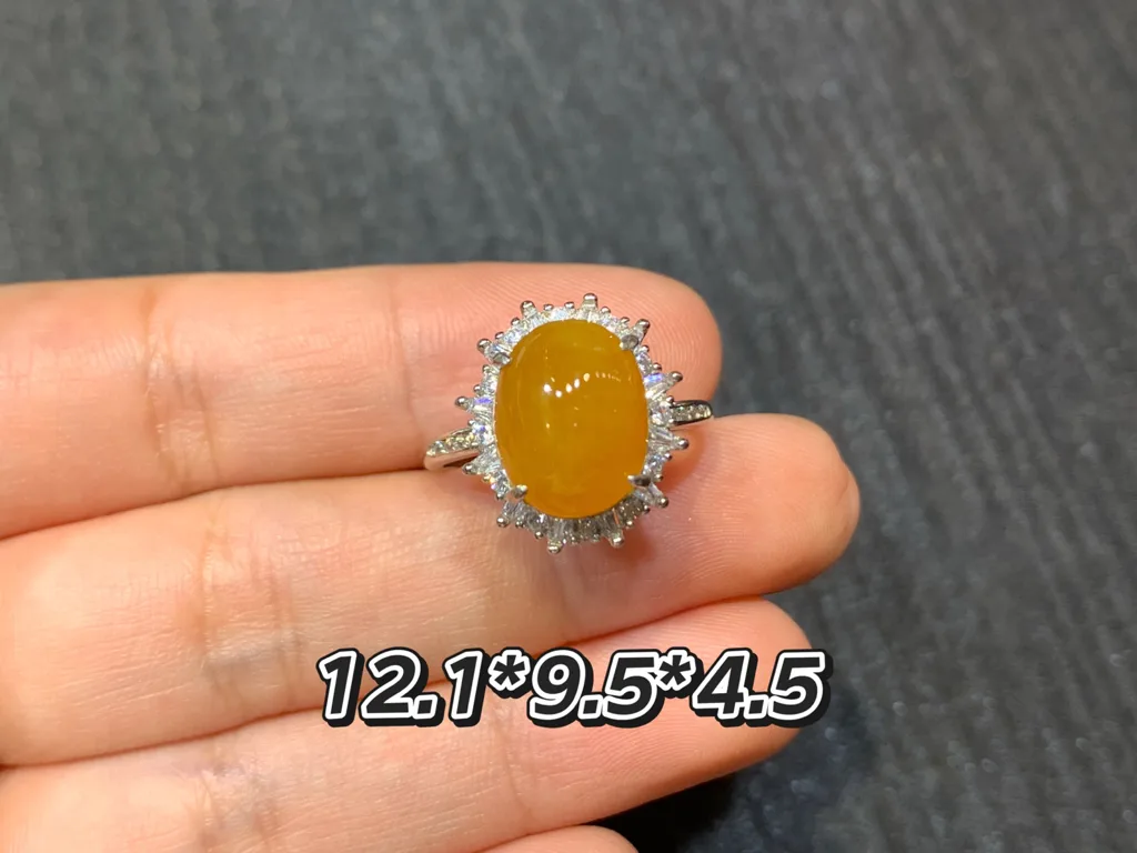 High-Icy Honey Yellow Natural Jadeite Cabochon Ring — S925 Silver · No. 64A9 (photo 1)