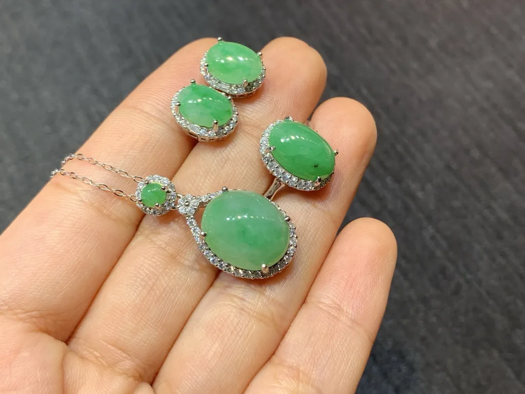 Full Green Natural Jadeite Cabochon Set — S925 Silver · No. 9D1B (photo 4)