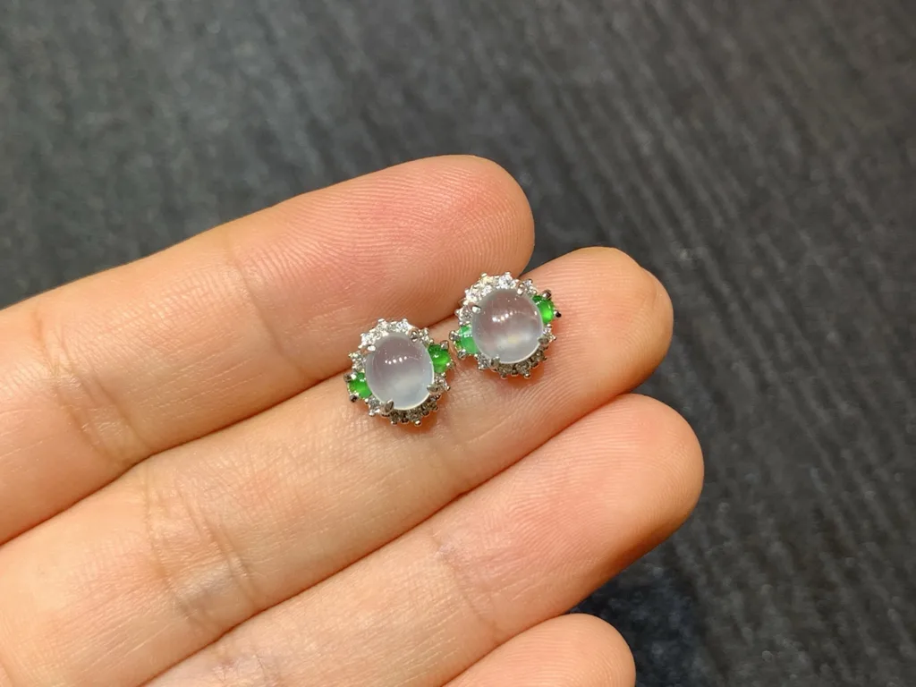 High-Icy Glowing Natural Jadeite Cabochon Stud Earrings — S925 Silver · No. 2507 (photo 2)
