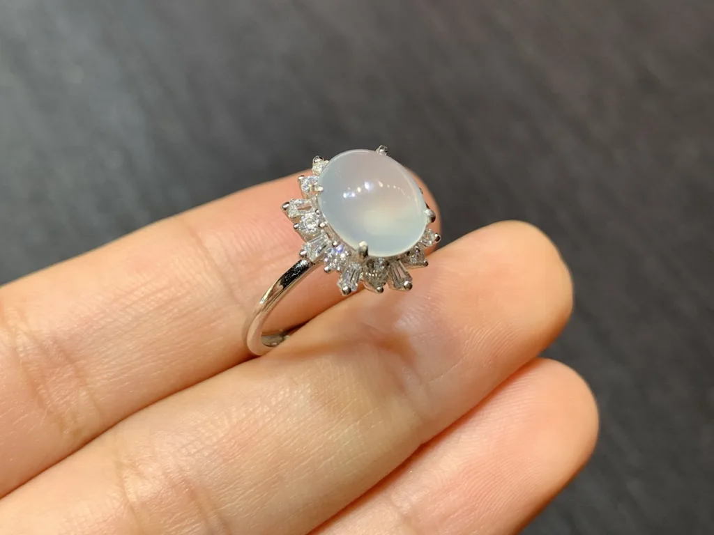 High-Icy Glowing Natural Jadeite Cabochon Ring — S925 Silver · No. 3BAA (photo 4)