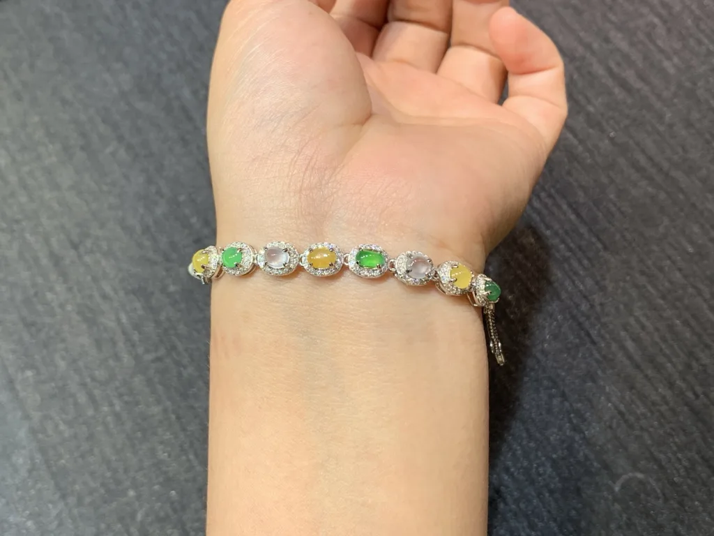 High-Icy Multicolor Natural Jadeite Cabochon Bracelet — S925 Silver · No. D8A4 (photo 4)