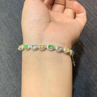High-Icy Multicolor Natural Jadeite Cabochon Bracelet — S925 Silver · No. D8A4 (photo 4)