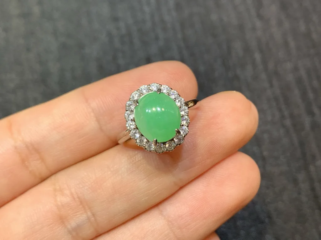 Icy Green Natural Jadeite Cabochon Ring — S925 Silver · No. DB56 (photo 2)