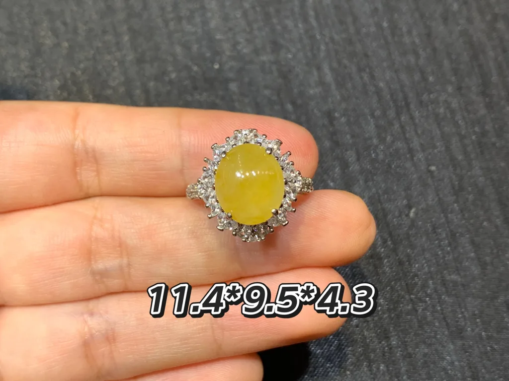 Icy Honey Yellow Natural Jadeite Cabochon Ring — S925 Silver · No. 2BAA (photo 1)