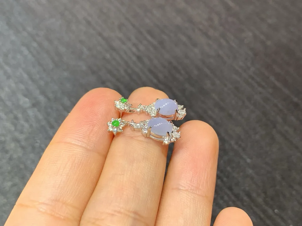 Lavender Natural Jadeite Cabochon Drop Earrings — S925 Silver · No. 53E5 (photo 4)