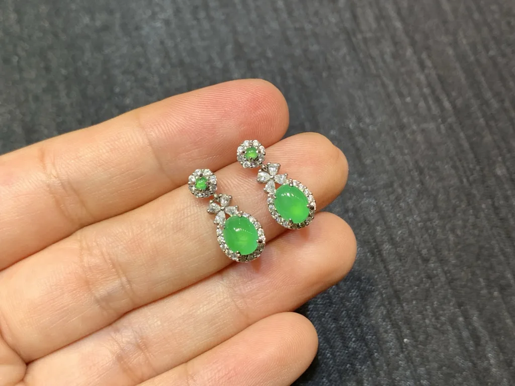 Icy Vivid Green Natural Jadeite Cabochon Drop Earrings — S925 Silver · No. 8F39 (photo 2)