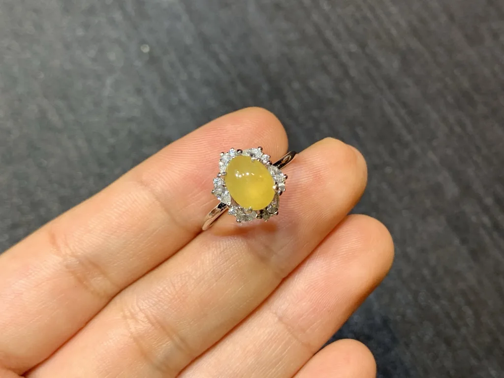 High-Icy Honey Yellow Natural Jadeite Cabochon Ring — S925 Silver · No. A6C1 (photo 2)