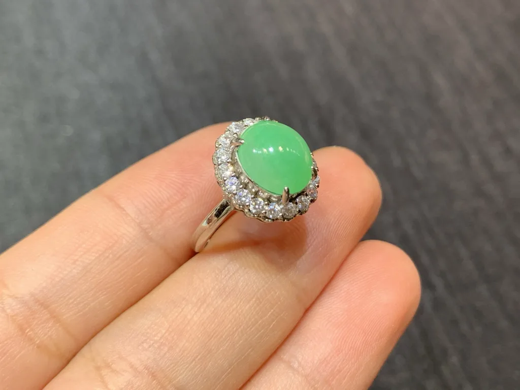 Icy Green Natural Jadeite Cabochon Ring — S925 Silver · No. DB56 (photo 4)