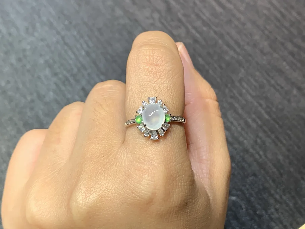 High-Icy Glowing Cabochon Natural Jadeite Three-Piece Cabochon Set — S925 Silver · No. F4A8 (photo 5)