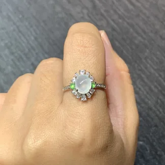 High-Icy Glowing Cabochon Natural Jadeite Three-Piece Cabochon Set — S925 Silver · No. F4A8 (photo 5)