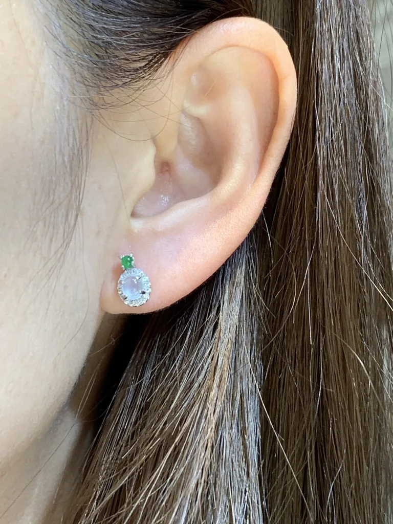 High-Icy Glowing Natural Jadeite Cabochon Stud Earrings — S925 Silver · No. 93C6 (photo 5)