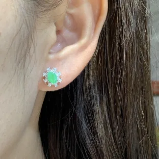 Icy Soft Vivid Green Natural Jadeite Cabochon Stud Earrings — S925 Silver · No. BAA3 (photo 5)