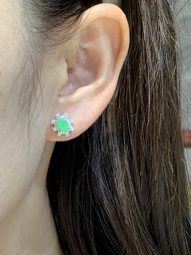Icy Soft Vivid Green Natural Jadeite Cabochon Stud Earrings — S925 Silver · No. BAA3 (photo 5)