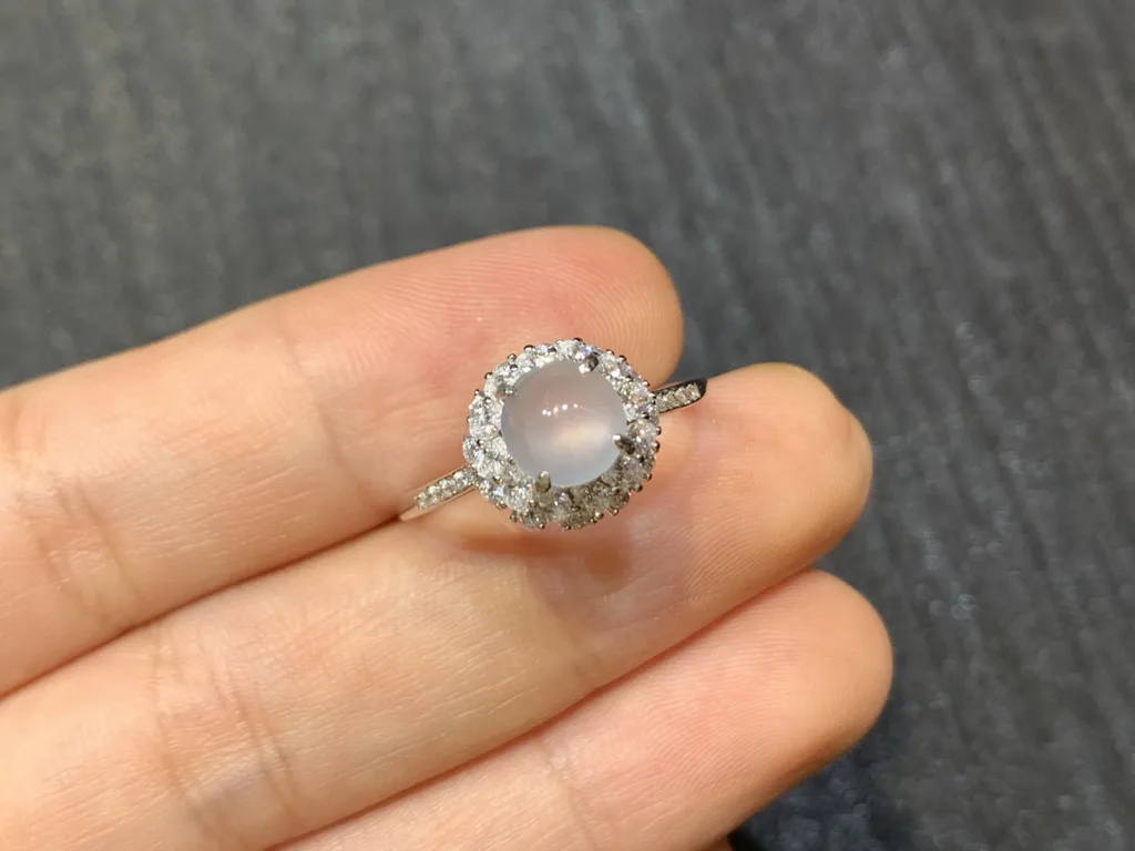 High-Icy Glowing Natural Jadeite Cabochon Ring — S925 Silver · No. C41E (photo 2)