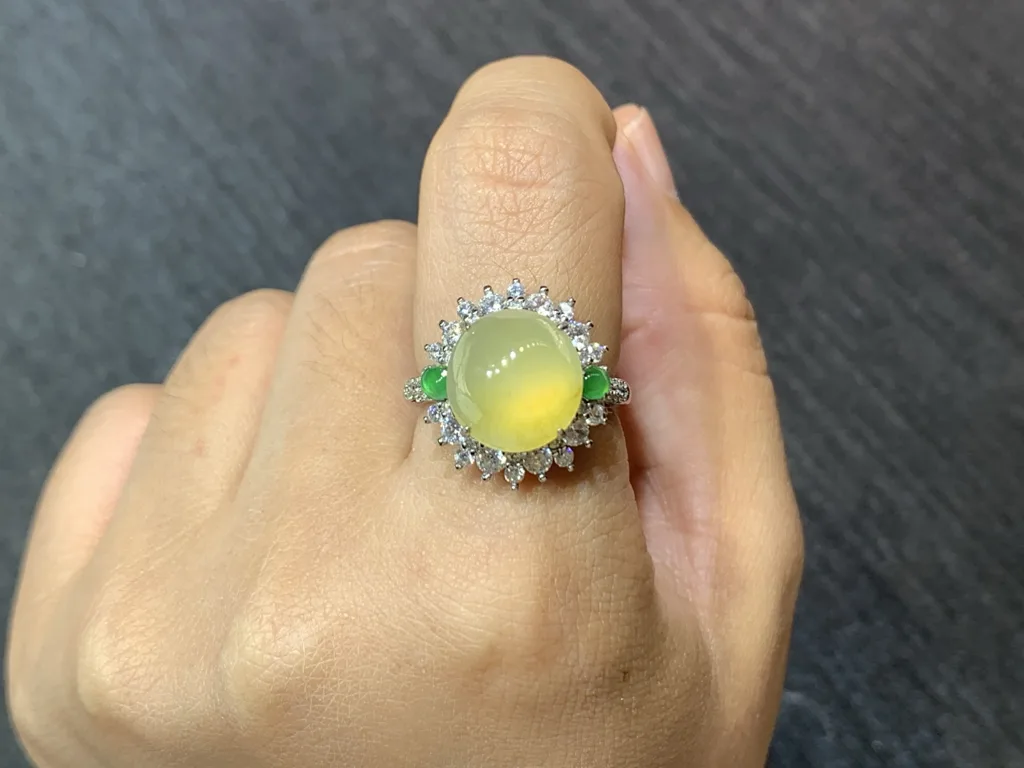 High-Icy Honey Yellow Natural Jadeite Cabochon Ring — S925 Silver · No. 9506 (photo 5)
