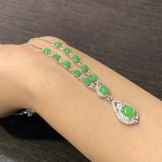 High-Icy Vivid Green Natural Jadeite Cabochon Necklace — S925 Silver · No. 52BC (photo 4)