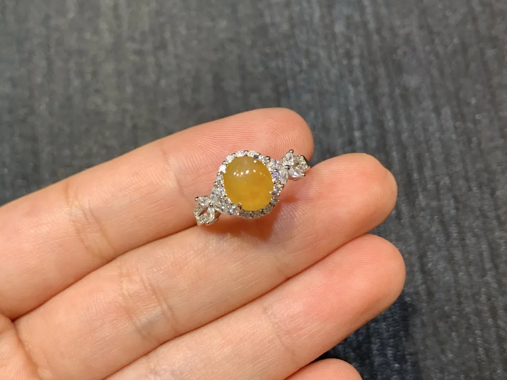 High-Icy Honey Yellow Natural Jadeite Cabochon Ring — S925 Silver · No. B710 (photo 2)