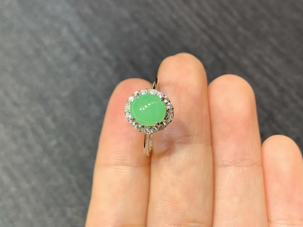 Icy Soft Vivid Green Natural Jadeite Cabochon Ring — S925 Silver · No. AF33 (photo 3)