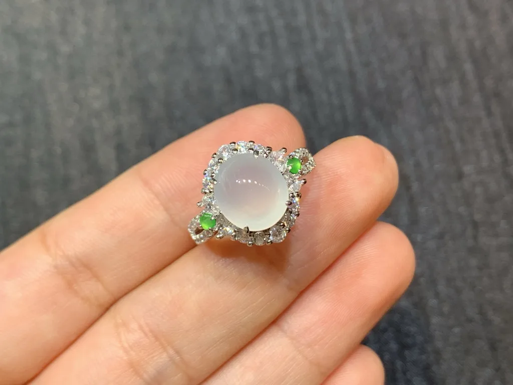 Icy Glowing Natural Jadeite Cabochon Ring — S925 Silver · No. 97A1 (photo 2)