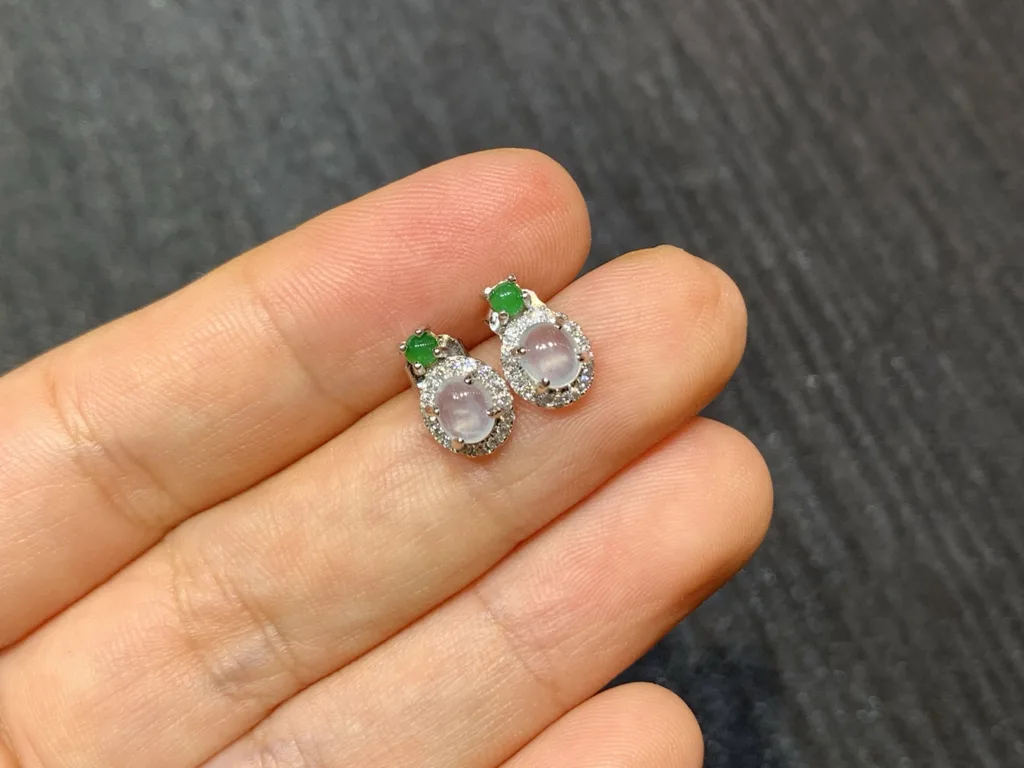 High-Icy Glowing Natural Jadeite Cabochon Stud Earrings — S925 Silver · No. 93C6 (photo 2)