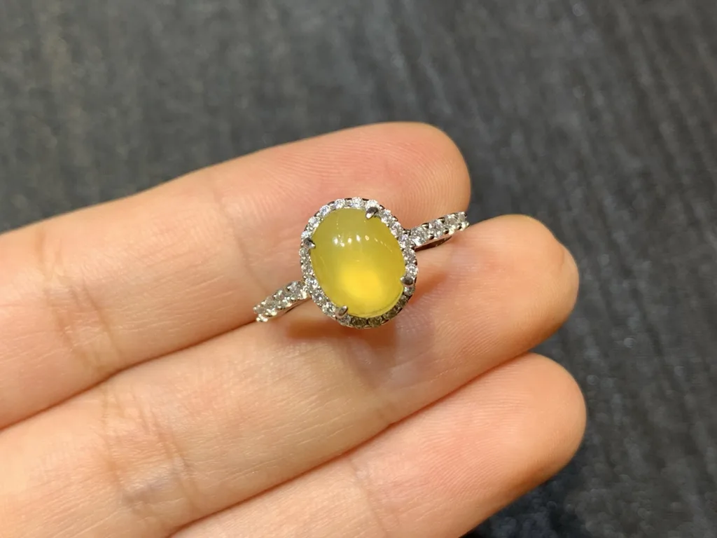 High-Icy Honey Yellow Natural Jadeite Cabochon Ring — S925 Silver · No. E899 (photo 2)
