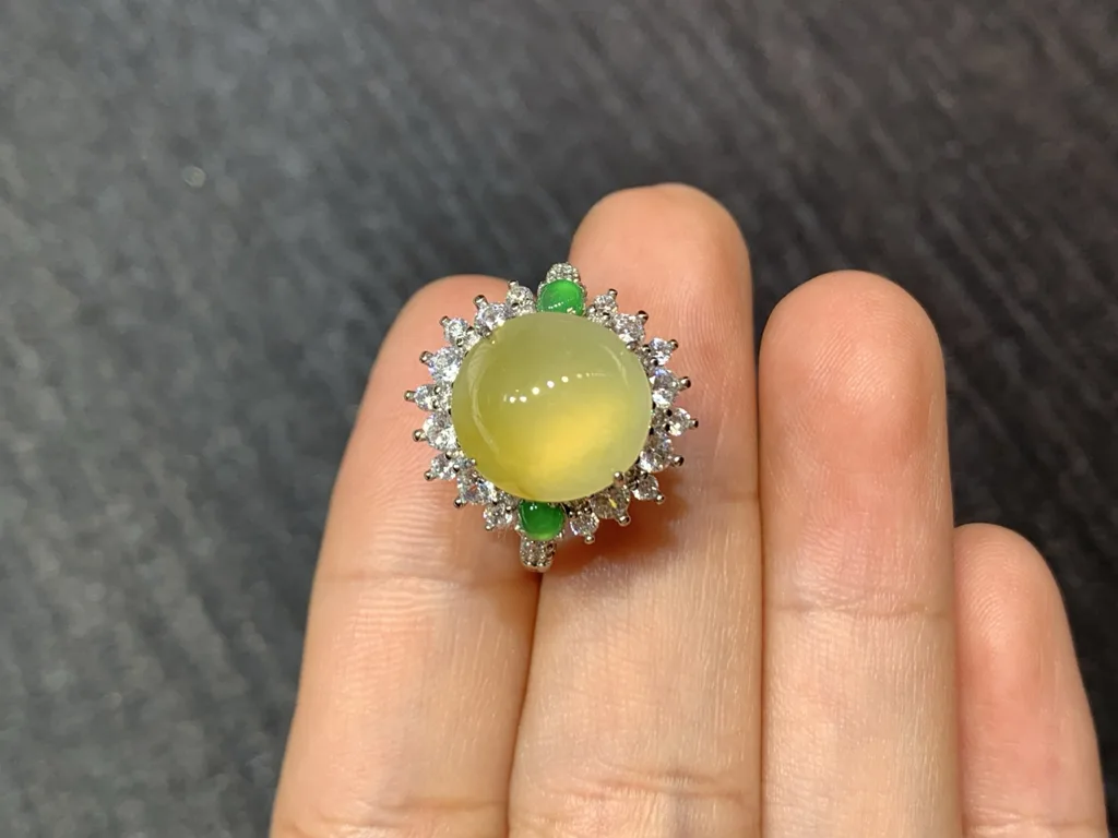 High-Icy Honey Yellow Natural Jadeite Cabochon Ring — S925 Silver · No. 9506 (photo 3)