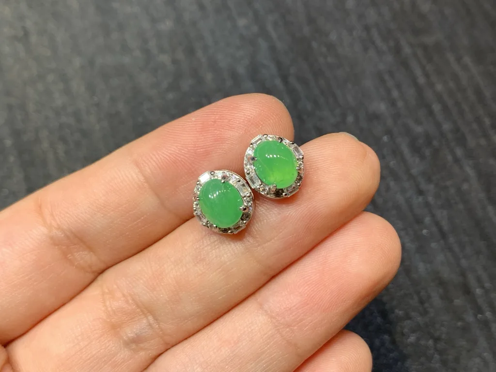 Icy Glowing Green Natural Jadeite Cabochon Stud Earrings — S925 Silver · No. 9FB8 (photo 2)