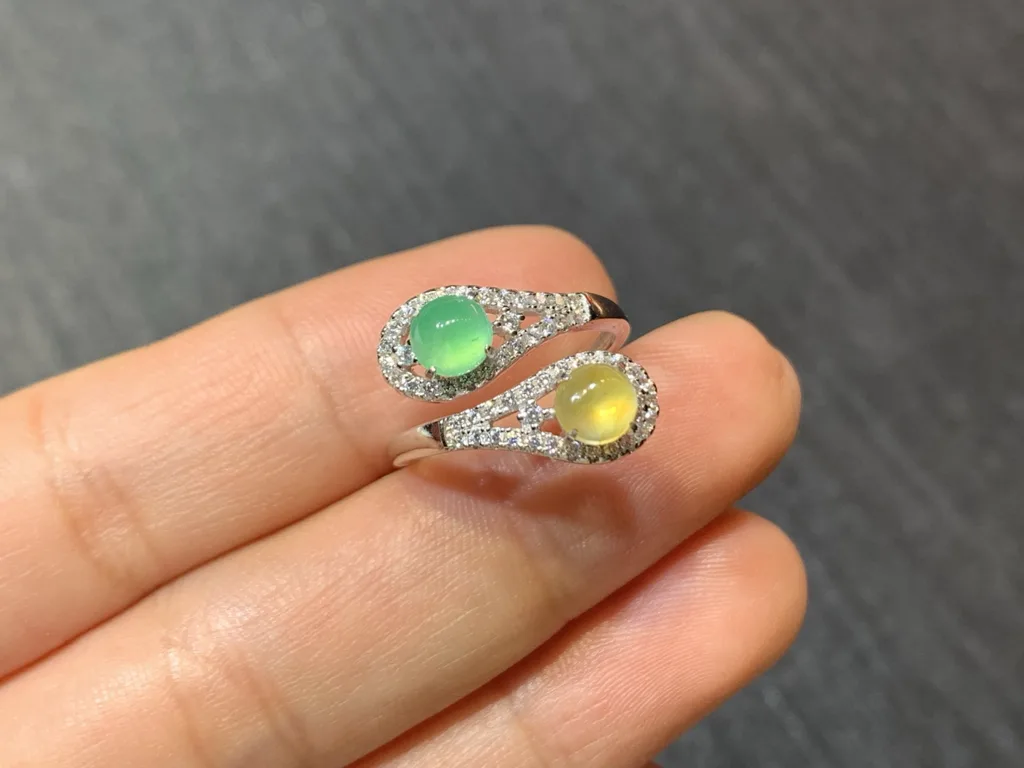 High-Icy Yellow and Green Natural Jadeite Cabochon Ring — S925 Silver · No. 968F (photo 4)