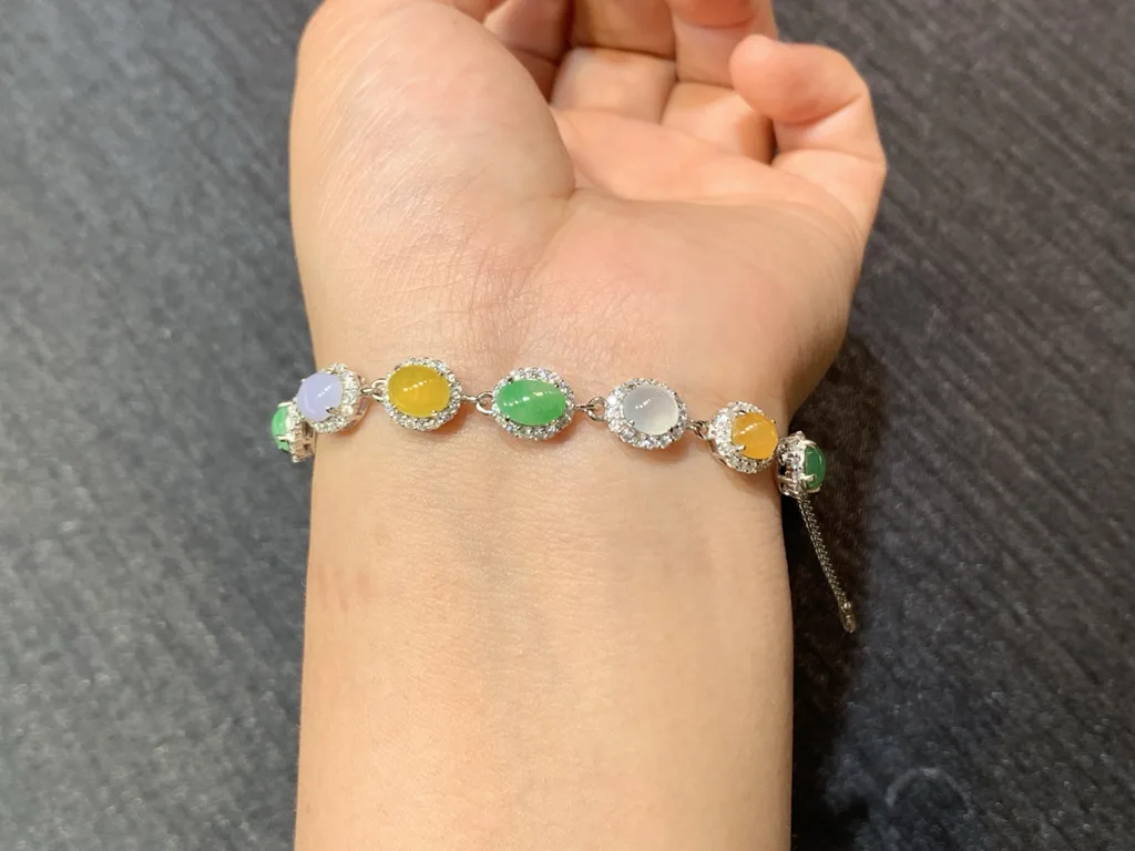 High-Icy Multicolor Natural Jadeite Cabochon Bracelet — S925 Silver · No. 0EFB (photo 4)