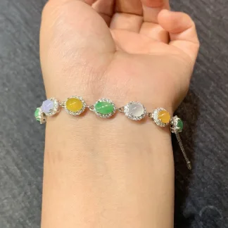 High-Icy Multicolor Natural Jadeite Cabochon Bracelet — S925 Silver · No. 0EFB (photo 4)