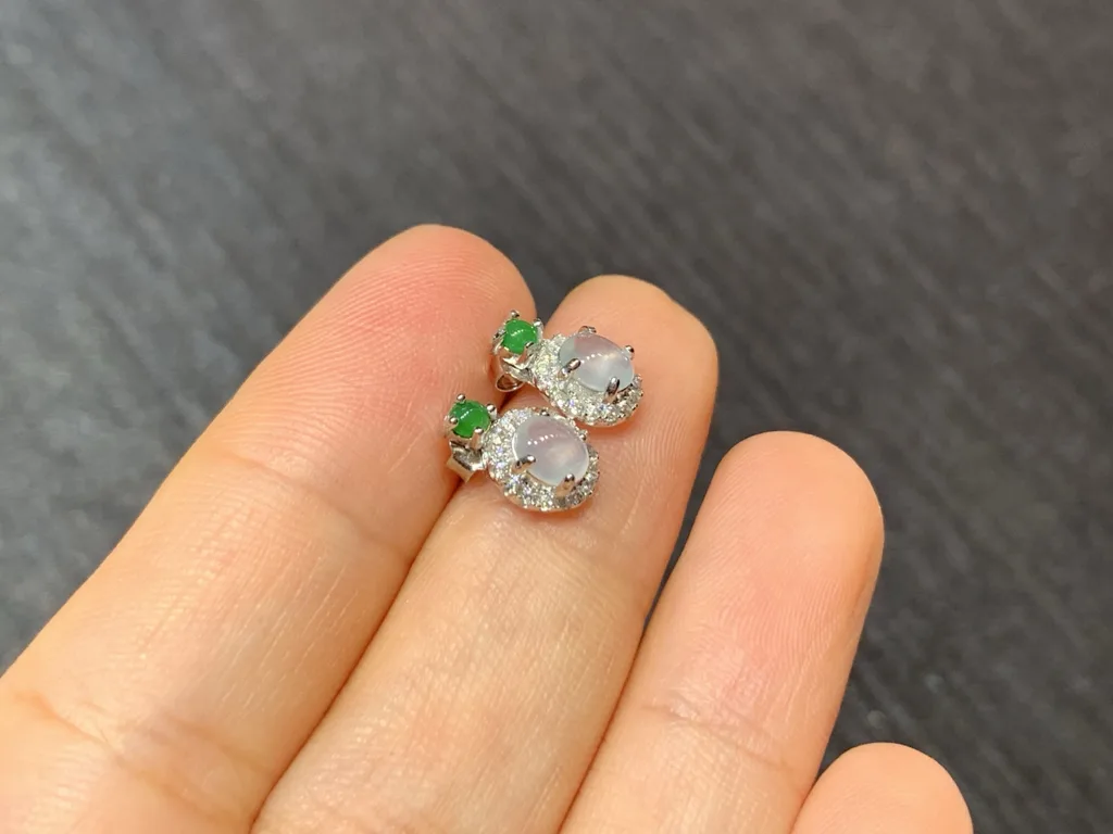 High-Icy Glowing Natural Jadeite Cabochon Stud Earrings — S925 Silver · No. 93C6 (photo 4)