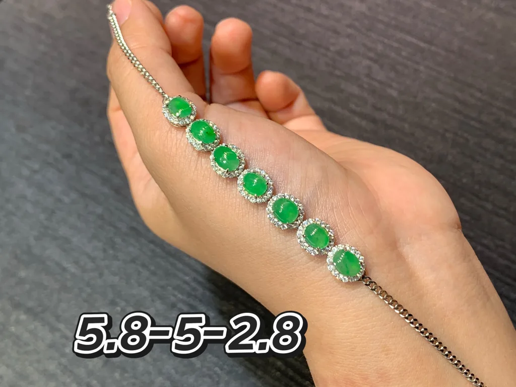 Icy Vivid Green Natural Jadeite Cabochon Bracelet — S925 Silver · No. 0C61 (photo 1)